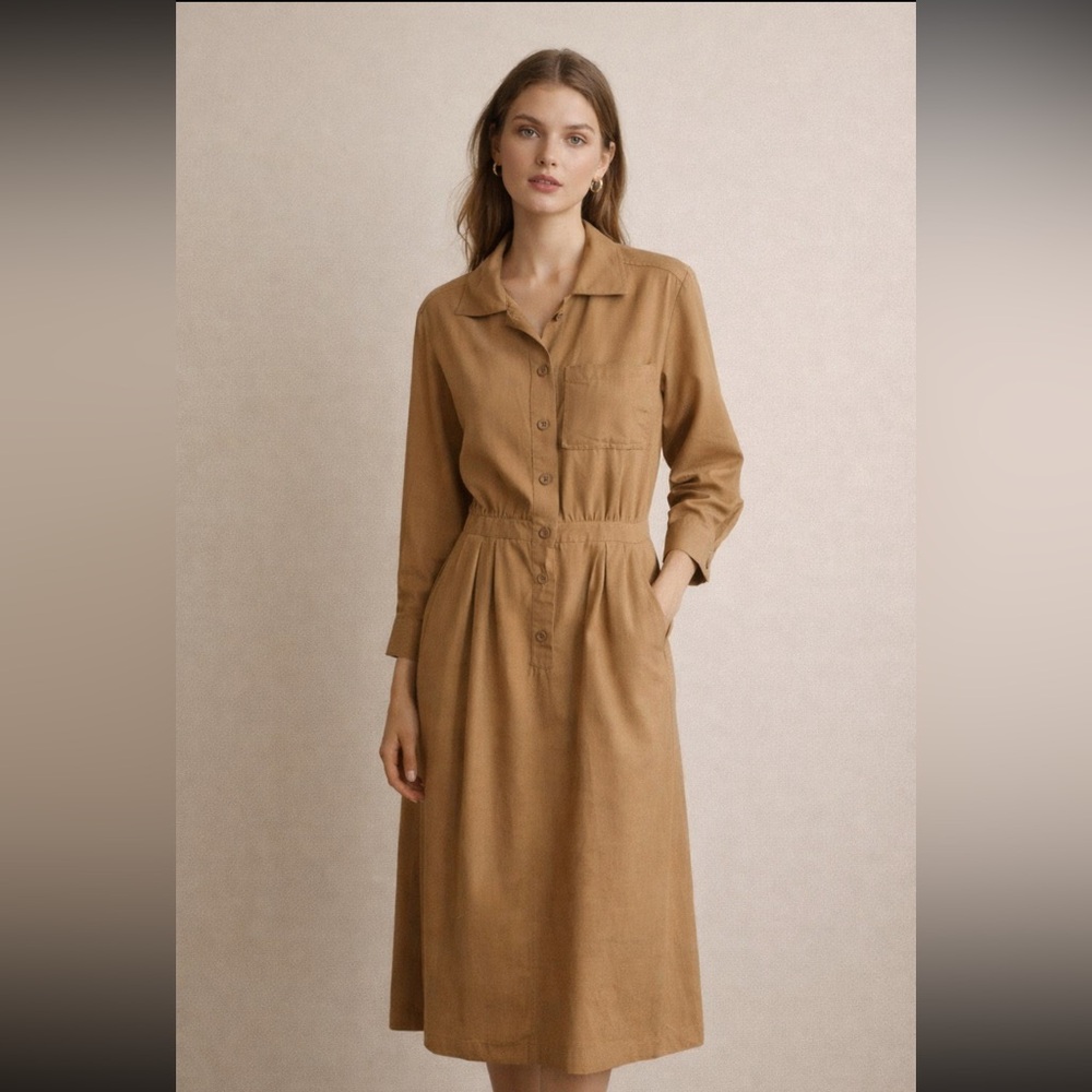 Vintage YSL Rive Gauche Tan Raw Silk Shirt Dress FR 42 US 8/10 - Picture 4 of 15